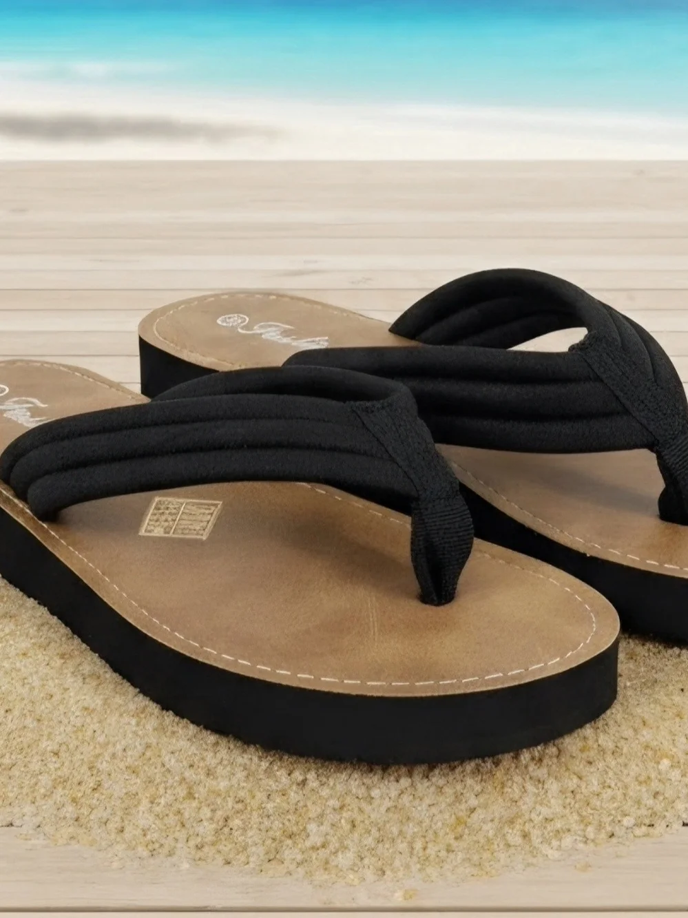 Fashion Forms Black Thong Sandals with Tan Footbed